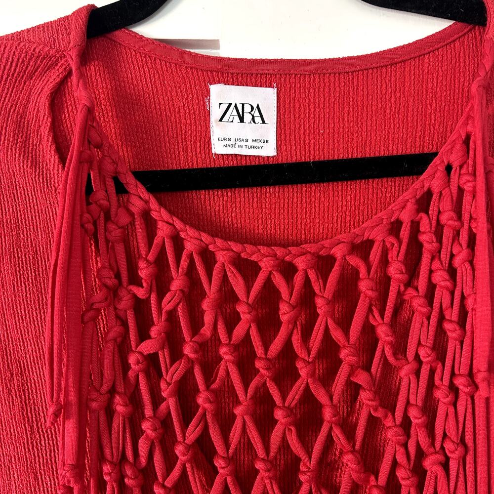 Zara women's red knotted crochet neck maxi dress braided macrame bodice - Picture 4 of 7